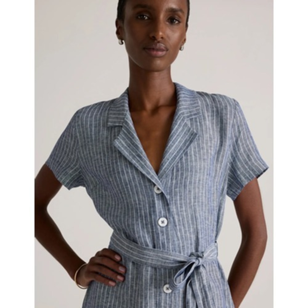 Quince Dress Womens Small Blue Striped Linen Button Collared Belted Midi Shirt - Picture 2 of 10